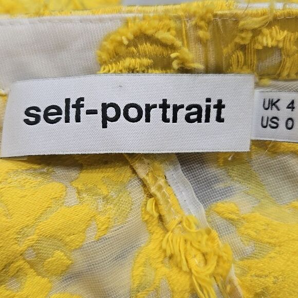 Self Portrait Yellow Floral Fil Coupe Asymetric Mesh Ruffled Top Off Shoulder - Picture 6 of 16